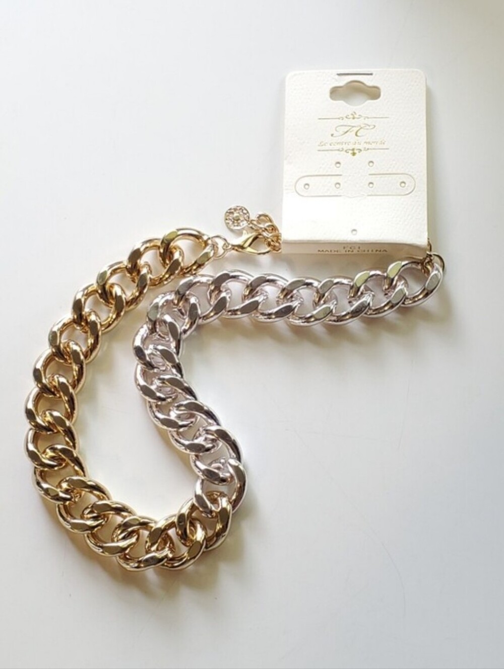 Two-Tone Mixed-Metal Chunky Curb Chain Statement Necklace